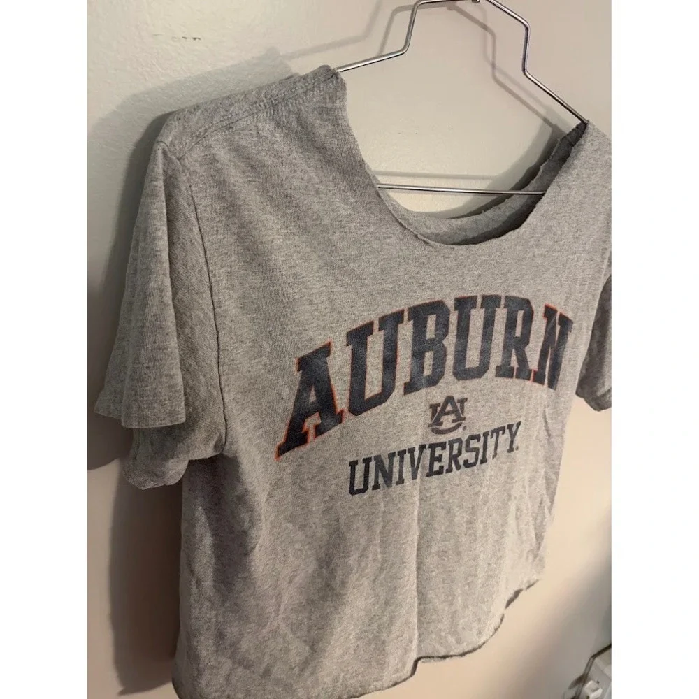 Auburn University Tigers Cropped Graphic Tee Heather Gray Wide Neck Raw Hem